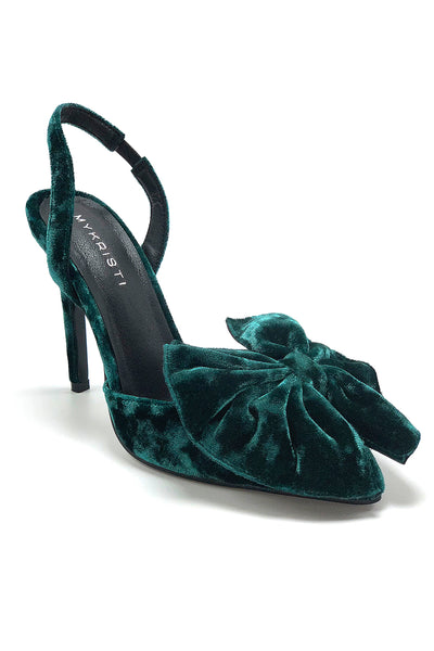 Antonella emerald green velvet bow slingback high heels outer front three quarter view.