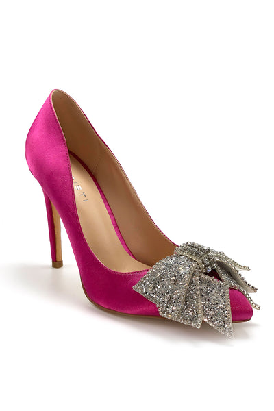 Valentina pink metallic bow high heel outer three quarter front view.