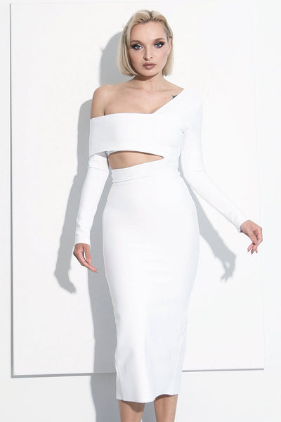 Model wearing our Avika white bandage dress front view close up.