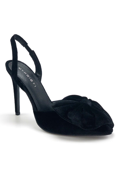 Antonella black velvet bow slingback high heels outer front three quarter view.