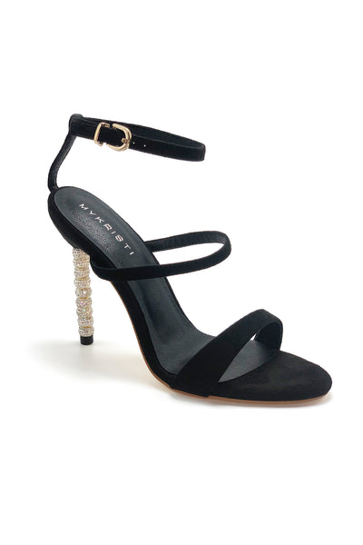 Jouri black crystal high heel sandals outer three quarter front view.